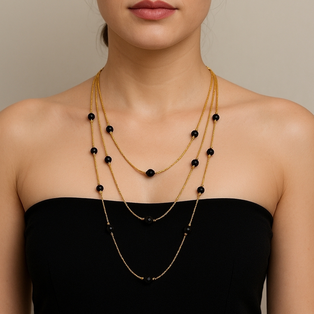 Triple Layer Faceted Black Bead Gold Necklace — Elegant Multi-Strand Design - Picture 3 of 5